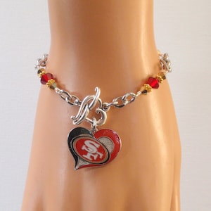 SF 49ers Red and Gold Crystal Heart Charm Bracelet