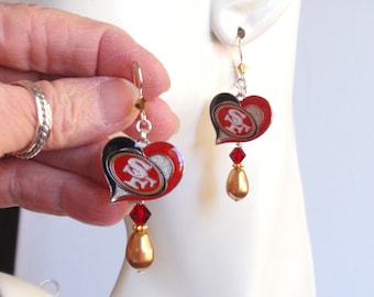 SF 49ers Gold Pearl Red Crystal SS Ear Wire Dangle Earrings