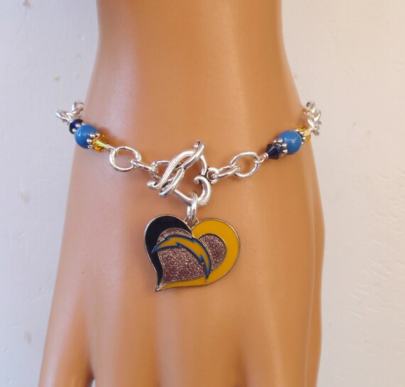 LA Chargers Blue Pearl Navy and Gold Crystal Charm Bracelet