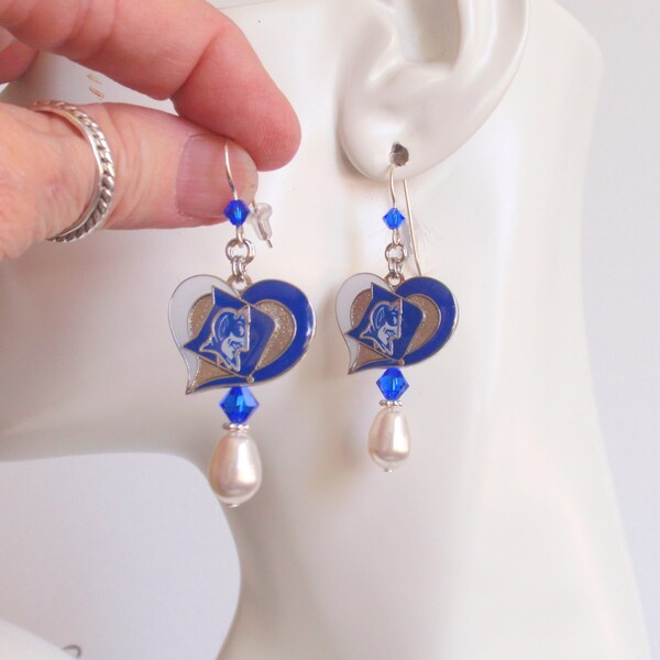 Duke Blue Devils White Pearl Blue Crystal SS Ear Wires Earrings