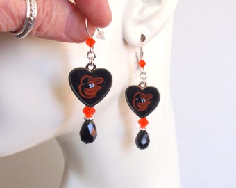 Baltimore Orioles Black and Orange Crystal Heart Charm Earrings