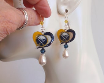 Buffalo Sabres White Pearl Navy and Gold Crystal SS Ear Wire Earrings