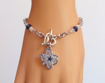 Dallas Cowboys Navy and Clear Crystal Stainless Steel Chain Charm Bracelet