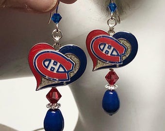 Pendientes de gancho de acero inoxidable con perlas azules, cristales rojos y azules de los Montreal Canadiens