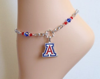 Arizona Wild Cats Blue and Red Crystal Adjustable Anklet