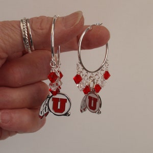 Utah Utes Red and Clear Crystals 32 mm Hoop Earrings
