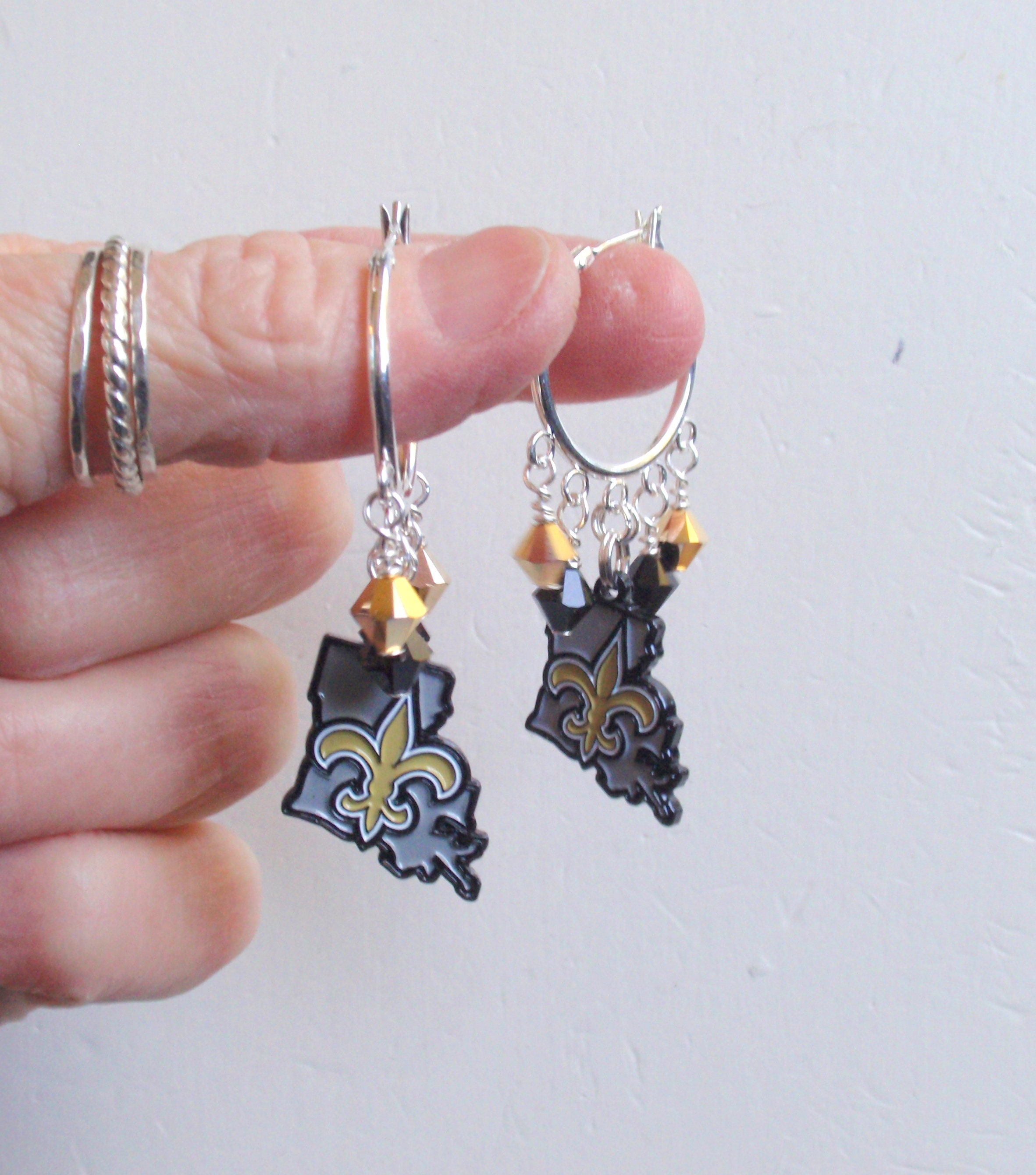 New Orleans Saints Gold and Black Crystal Hoop Earrings