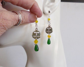 Portland Timbers Green and Golden Opal Crystal SS Ear Wire Earrings