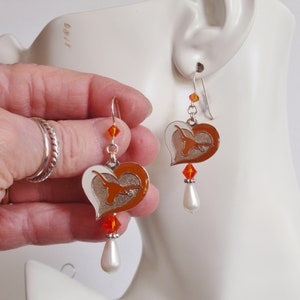Texas Longhorn White Pearl Orange Crystal Earrings