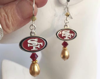 SF 49ers Gold Pearl Red Crystal SS Ear Wire Earrings