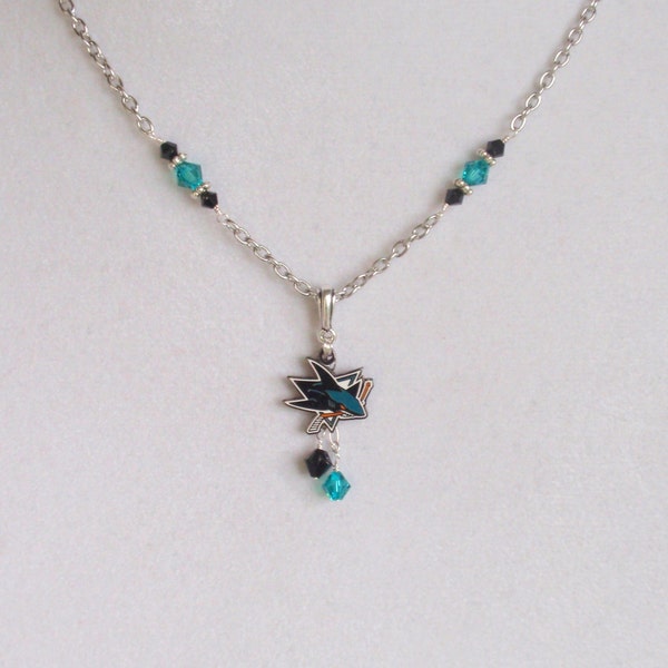 San Jose Sharks Teal and Black Crystal Charm Necklace