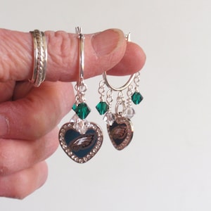 Philadelphia Eagles Green and Clear Crystal Rhinestone Heart Charm 23 mm Hoop Earrings