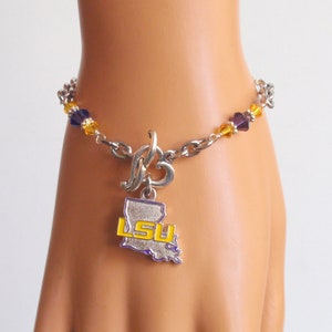 LSU Tigers Purple and Gold Crystal Stainless Steel Chain Bracelet