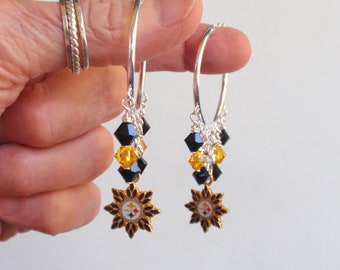 Pittsburgh Steelers Black and Gold Crystal 32 mm Hoop Earrings
