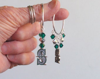Seattle Mariners Green and Silver Crystal 32 mm Hoop Earrings