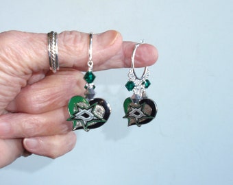 Dallas Stars Green and Silver Crystal Heart Charm 23 mm Hoop Earrings