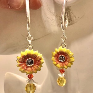 Sunflower Charm Gold Orange and Clear Crystal Hoop Earrings