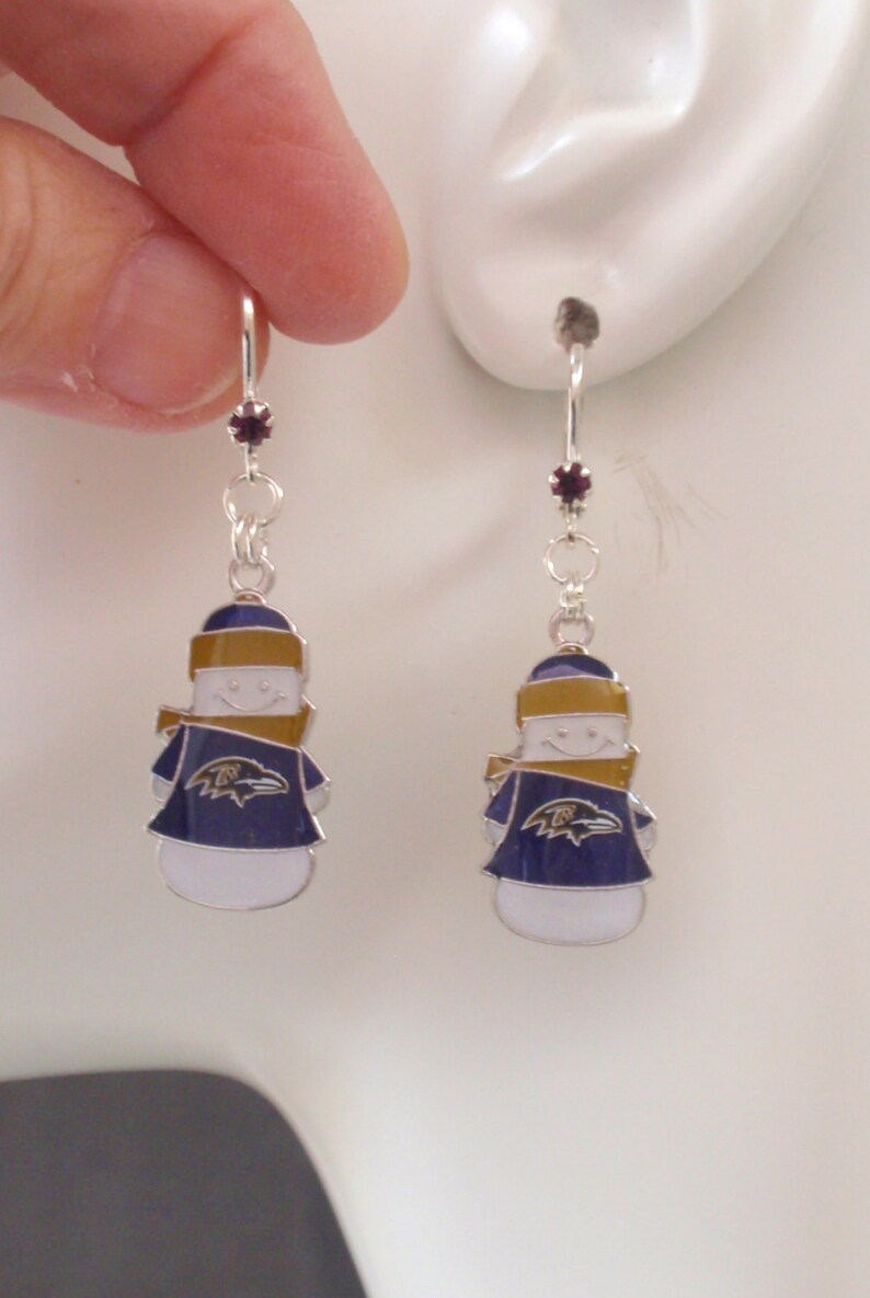 Ravens Jewelry Pro Football Ravens Bling Accessory Purple Crystal Leverback Snowman Earrings Baltimore Ravens Earrings Christmas