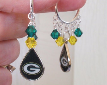 Green Bay Packers Earrings Green and Gold Crystal 23 mm Hoop Earrings