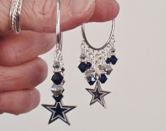 Dallas Cowboys Double Crystal Navy and Silver 32 mm Hoop Earrings