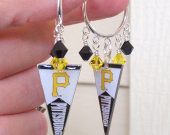 Pittsburgh Pirates Pennant Charm Black and Gold Crystal Hoop Earrings