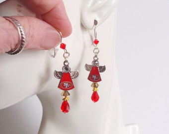 SF 49ers Red and Gold crystal Angel Charm SS Ear Wire Earrings