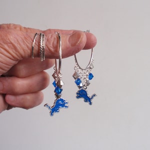 Detroit Lions Silver and Blue Crystal 32 mm Hoop Earrings