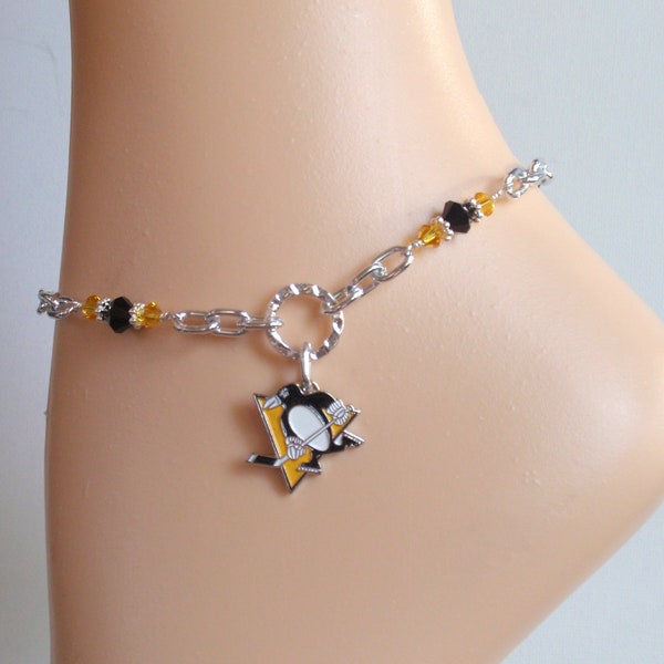 Pittsburgh Penguins Black and Gold Crystal Adjustable Anklet Bracelet