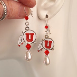 Utah Utes White Pearl Red Crystal Earrings