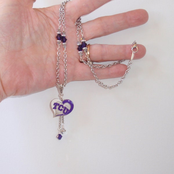 TCU Horned Frogs Purple and Silver Crystal Charm Necklace