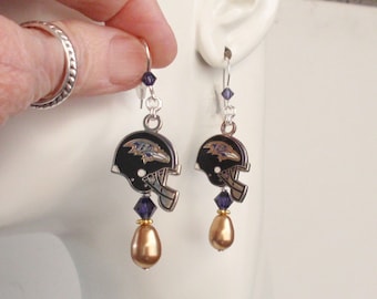 Baltimore Ravens Gold Pearl Purple Crystal SS Ear Wire Earrings