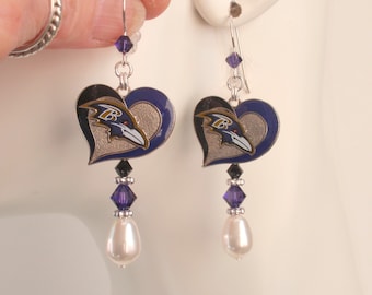 Baltimore Ravens White Pearl Purple and Black Crystal Earrings