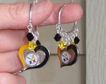 Pittsburgh Steelers Black and Gold Crystal 23 mm Hoop Earrings