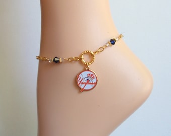 New York Yankees Navy and Clear Crystal Gold Plated Chain Adjustable Anklet