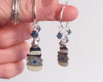 Dallas Cowboys Navy and Silver Crystal Snowman Charm Hoop Earrings