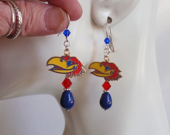 Kansas Jayhawks Blue Pearl Red and Blue Crystal SS Ear Wire Earrings