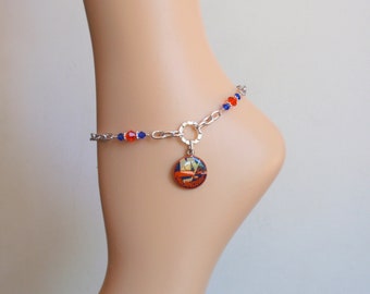 New York Islanders Orange and Blue Crystal Adjustable Anklet Bracelet