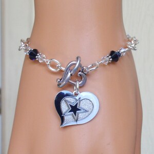 Dallas Cowboys Navy and Clear Crystal Stainless Steel Chain Charm Bracelet