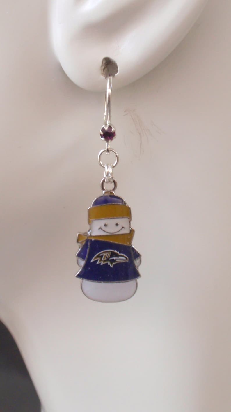 Ravens Jewelry Pro Football Ravens Bling Accessory Purple Crystal Leverback Snowman Earrings Baltimore Ravens Earrings Christmas