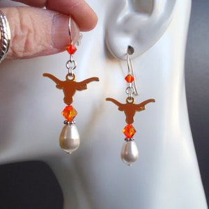 Texas Longhorns White Pearl Orange Crystal Earrings