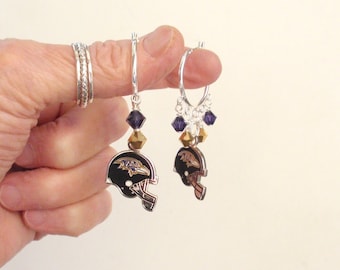 Baltimore Ravens Purple and Gold Crystal Helmet Charm 23 mm Hoop Earrings