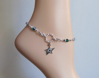 Dallas Stars Green and Silver Crystal Adjustable Anklet Bracelet