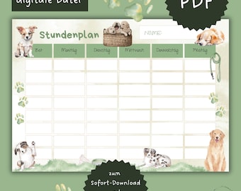 Timetable for children, school, dogs, puppies, pets, daily routine organization for children to print, digital file PDF