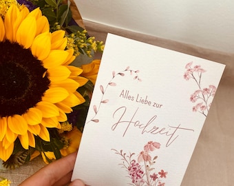 Beautiful wedding card with flowers, sweet folding card "All the best for your marriage", greeting card with watercolor flowers (+kraft paper envelope)