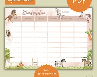 Timetable for children, school, horses, ponies, riding, daily routine organization for children to print out, digital file PDF