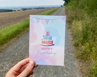 Cartão de aniversário colorido com bolo de aniversário e velas, cartão de felicitações, cartão de aniversário, Feliz Aniversário (+ envelope de papel kraft)