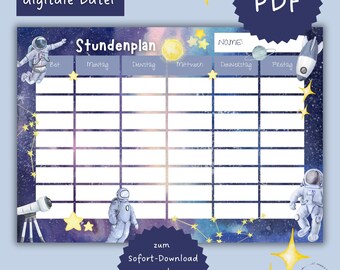 Timetable for children, school, astronaut, space travel, planets, daily routine organization for children to print, digital file PDF