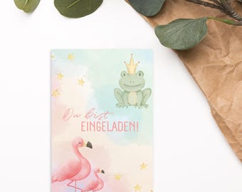 Set of children's birthday invitation cards: Frog Prince/Flamingo | Invitation for boys or girls | Children's birthday | Invitation card