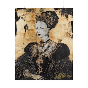 Queen Elizabeth I Rolled Poster, Black Gold Portrait, England History Decor, Vintage Art Print, Wall Art Gift, Historical Queen Poster