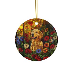 Stained-Glass Style Golden Retriever Ceramic Christmas Ornament